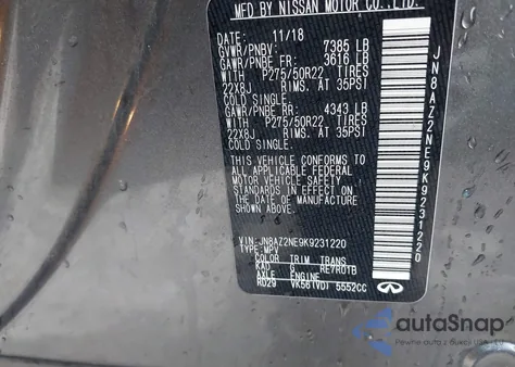 2019 Infiniti Qx80 Luxe from USA, damaged, VIN JN8AZ2NE9K9231220